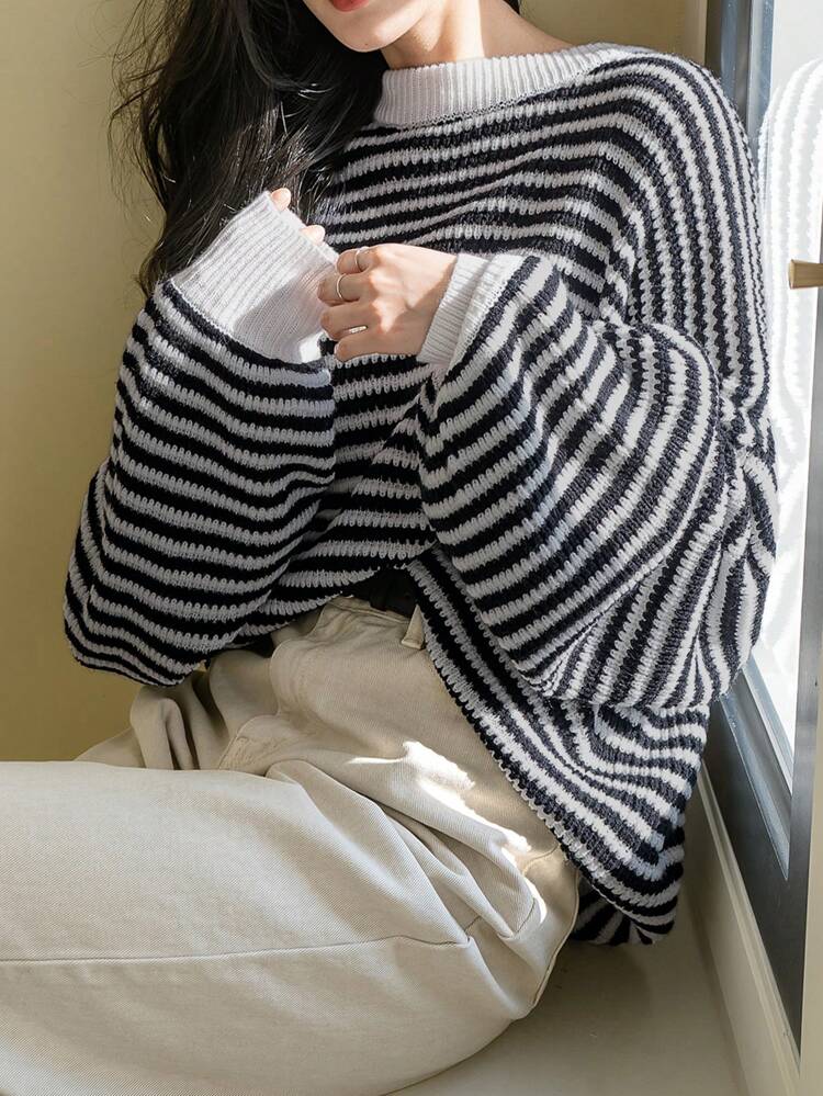 Women's Striped Contrast Color Patchwork Knit Sweater,Fall Clothes