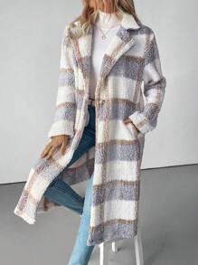 SHEIN Clasi Women Turndown Collar Single-Breasted Warm Plush Checkered Print Jacket