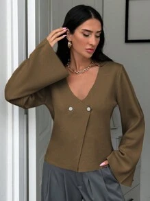 EURMUSE Cardigan à encolure en V, boutons devant et épaules tombantes, couleur unie, pour femmes - Tabac - Voir 3