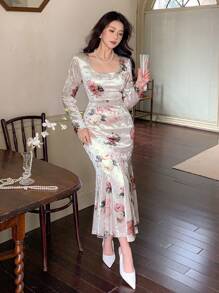 DAZY Women Velvet Casual Dress, Spring/Fall,Ruffle Long Sleeve Dress Floral - Multicolor - View 3