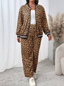 Conjunto de 2 piezas para mujer talla grande, con manga larga estampado de leopardo, moda retro estadounidense, diseño elegante, corte holgado, efecto adelgazante, atuendo versátil para otoño/invierno para ropa de fiesta de Año Nuevo