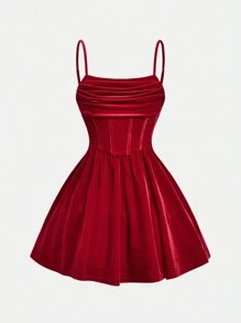 SHEIN Tween Girl Solid Color Ruffle Fashion Velvet Spaghetti Strap Dress