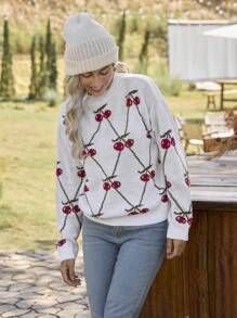 LanaWest Suéter casual de cuello redondo con gráfico de cereza, suéter de punto de Año Nuevo para otoño e invierno - Blanco - Ver 5