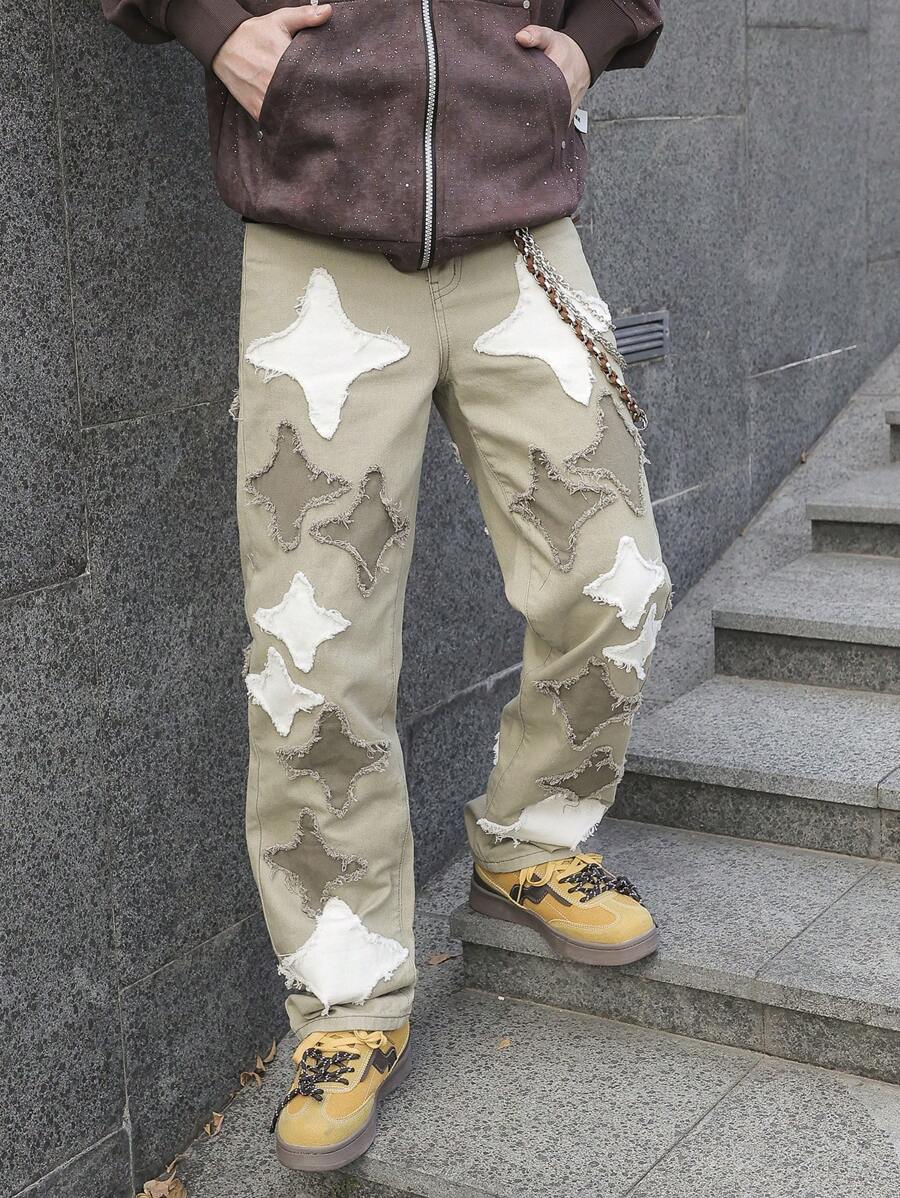 Manfinity EMRG Plus Size Men's Loose Fit Straight Leg Jeans With Five-Pointed Star Patch