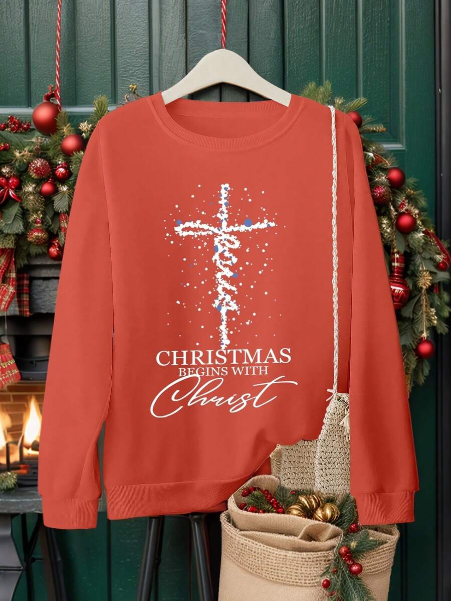 SHEIN EZwear Plus Size Christmas Print Casual Sweatshirt, Autumn/Winter