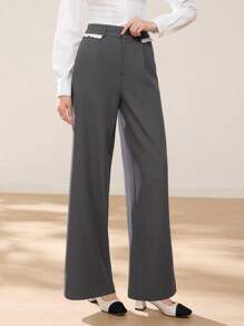 EastFlair Women's Grey Casual Elegant Lace Panel Loose Wide-Leg Pants, Christmas Clothing, Winter Wear - Grey - View 5