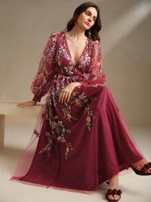 Anewsta V-Neck Puff Sleeve Mesh Embroidered Elegant French Style Dress Burgundy Maxi Women Outfit - Burgundy - View 5