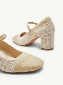 CUCCOO CHICEST 方头单带格纹面料7厘米高跟玛丽珍鞋，法式优雅情人节 - 杏色 - 查看 5