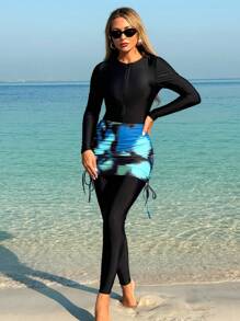 Swim Mulvari 2 件套 2024 泳衣，肩部褶皱适度长袖和裤子泳装，保守海滩罩衫布基尼夏季阿拉伯服装 - 黑色 - 查看 5