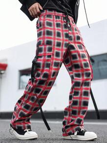 Manfinity EMRG 男士简约格子前系带休闲长裤，日常穿着长款度假直腿抽绳裤，适合老公、男朋友的礼物