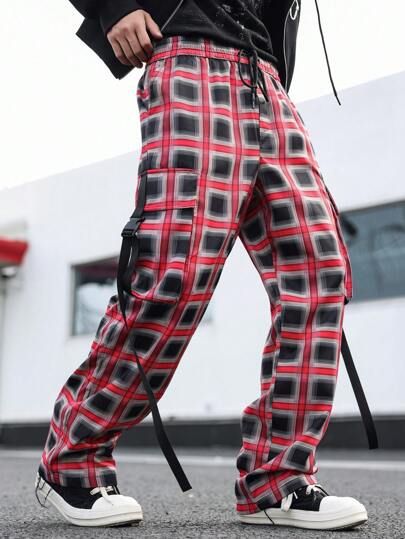 Manfinity EMRG 男士简约格子前系带休闲长裤，日常穿着长款度假直腿抽绳裤，适合老公、男朋友的礼物