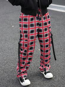 Manfinity EMRG 男士简约格子前系带休闲长裤，日常穿着长款度假直腿抽绳裤，适合老公、男朋友的礼物