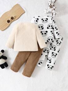 4件套男婴可爱熊猫印花毛绒上衣和裤子家居服套装 - 彩色 - 查看 2
