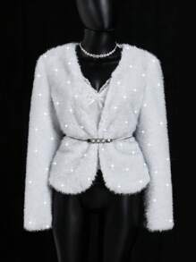 SHEIN ICON Cappotto di pelliccia bianco elegante da donna in stile Y2K per feste, Capodanno e uso casual, con decorazioni in perle finte, manica lunga