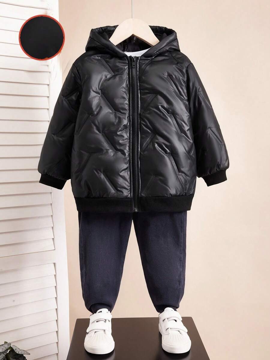 SHEIN Young Boy Casual  Thick Hooded Cardigan Jacket - Black - View 1