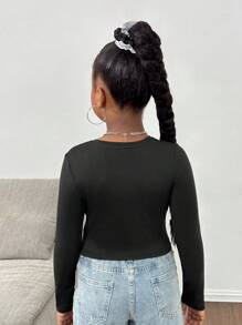 SHEIN Leap Crew Tween 女童字母印花针织圆领长袖休闲紧身 T 恤 - 黑色 - 查看 2