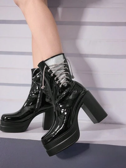 Sugerpunk Women Outdoor Square Toe Black PU Molded Sole Smooth PU Fabric Fashion Comfortable Daily Party Zipper Short Boots For Christmas And New Year Holiday Valentines