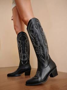 Daringsoles 2025 Spring & Autumn New Women's Plus Size Fashion Tall Embroidered Western Cowboy Boots, Over-The-Knee - Black - View 2