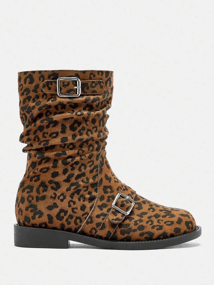 CUCCOO BIZCHIC Women's Vintage Wrinkled Buckle Closure Brown Leopard Print Mid-Calf Boots, Knight Boots, Stacked Heel Flat Platform Slip-On Riding Boots