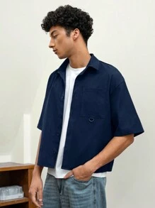 Manfinity VCAY Men's Casual Loose Woven Breathable Short Sleeve Shirt, Suitable For Young People - Navy Blue - View 5