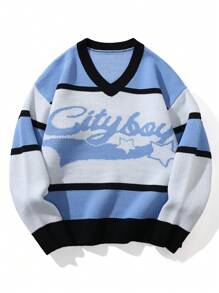 Manfinity Campus Court Áo len dài tay cổ tròn họa tiết kẻ sọc và chữ thường ngày cho nam, mùa thu/đông, đi chơi, bạn bè - Nhiều màu - Xem 1