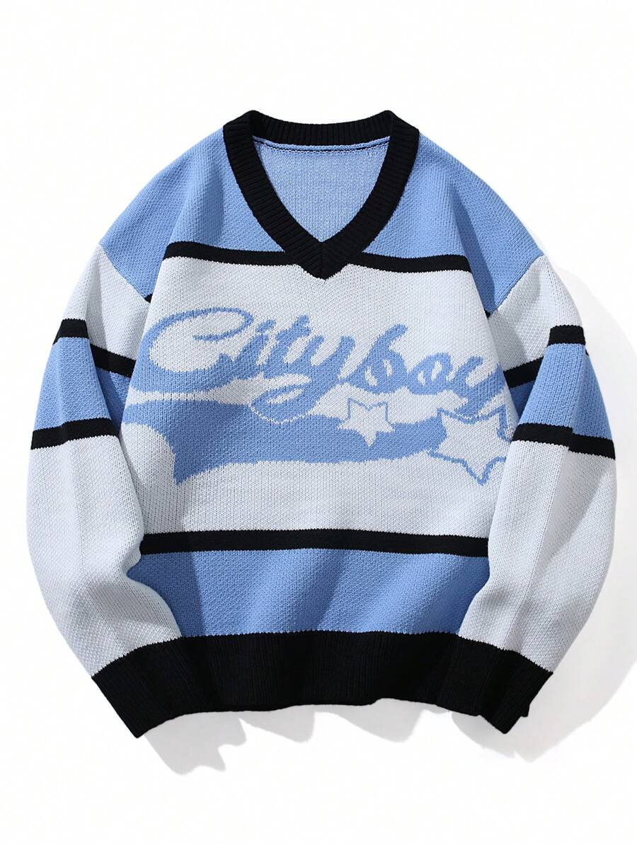 Manfinity Campus Court Áo len dài tay cổ tròn họa tiết kẻ sọc và chữ thường ngày cho nam, mùa thu/đông, đi chơi, bạn bè - Nhiều màu - Xem 1