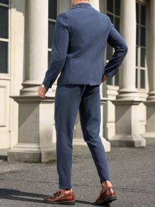 Manfinity Mode Męski garnitur biznesowy dojazdowy w jednolitym kolorze, kurtka i spodnie - Granatowy - Zobacz 5