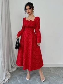 Elenzga 女士秋冬花卉提花优雅复古灯笼袖红色连衣裙长款女士圣诞装 - 紅色 - 查看 6