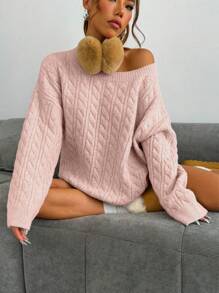 SHEIN Unity Women Autumn/Winter Vintage Loose Dropped Shoulder Oatmeal Thick Knit Sweater, Casual Street Wear Knit Pullover Fall Sweater - Pink - View 5