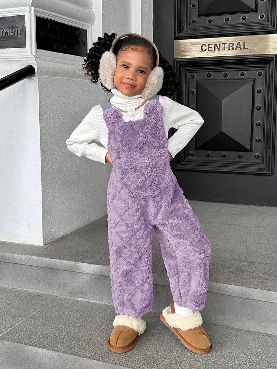 SHEIN 年轻女孩秋冬保暖内衬连体裤,舒适休闲日常穿着 - 紫色 - 查看 1