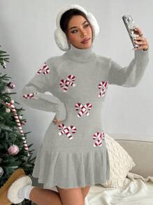 Flirla Christmas Warm And Comfortable Candy Cane Pattern Bell Sleeve Swing Hem Turtleneck Cute Women Sweater Dress - Light Grey - View 6