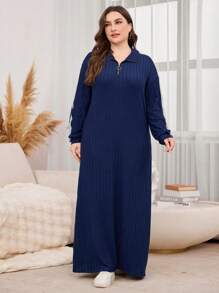 Mulvari 加大码宽松针织翻领半拉链长款休闲连衣裙，运动风格长款女装