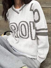 DAZY Women's Loose Fit Long Sleeve V-Neck Letter Jacquard Sweater Boho,Fall Women Clothes