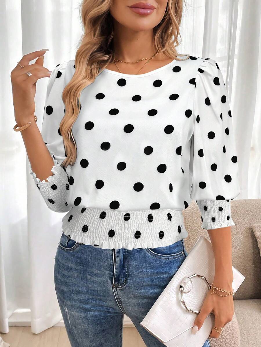 SHEIN LUNE Crew Neck Vintage Black Edged Polka Dot Print Casual Commuter Elegant Pullover Hem Ruffled Trim Shirt For Women, Autumn/Winter