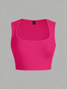 Slaydiva Top de tirantes de cuello redondo versátil de unicolor informal para mujer, adecuada para la primavera y el verano - Rosa Fucsia - Ver 2