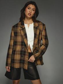MISSGUIDED Designer Plaid Blazer Double Breasted Fall Winter Wool Oversized Professional Office Wear Business Formal Suit Jacket Coat With Lapel Collar - Brown - View 1