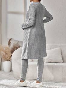 SHEIN 3-Piece Set: Knit Solid Ribbed Tank Top Cardigan & Wide Leg Pants - Light Grey - View 3