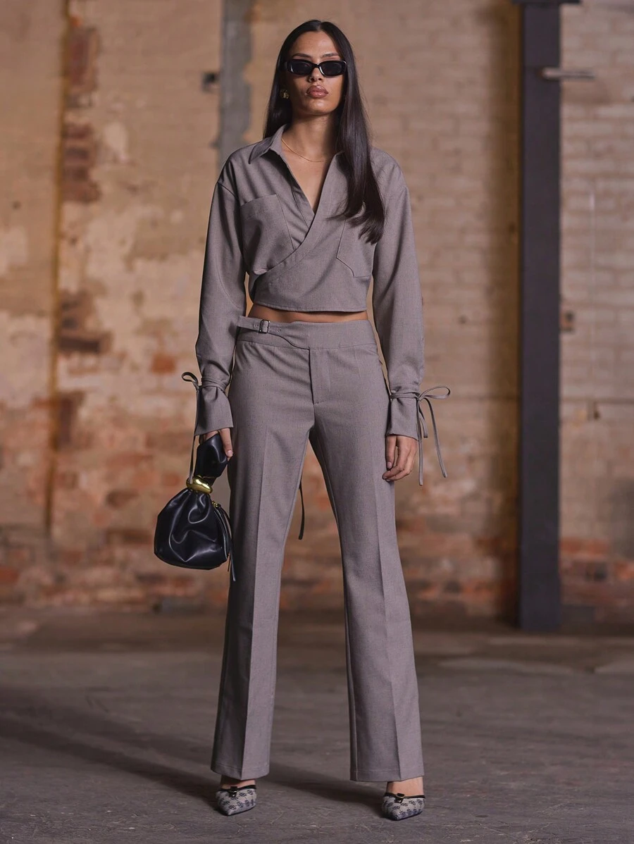 MUSERA Pantalones acampanados con hebilla de talle bajo, elegantes y con estilo chic de verano Y2K - Marrón - Ver 1