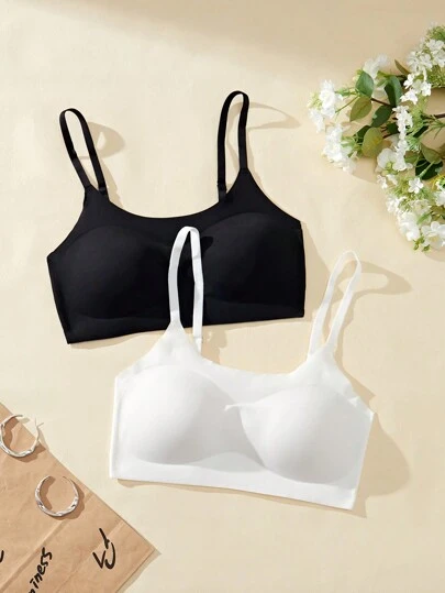 2pcs Teen Girl Solid Color Seamless Underwear Set, Minimalist & Casual Daily