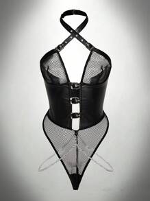 异域朋克风铆钉扣链条网眼连体衣，皮革材质，性感