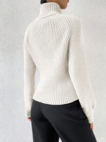 SHEIN Jersey de cuello alto de manga raglán con punto acanalado, parte superior de manga larga de punto, jersey de punto para otoño e invierno - Blanco - Ver 2