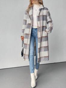 SHEIN Clasi Women Turndown Collar Single-Breasted Warm Plush Checkered Print Jacket