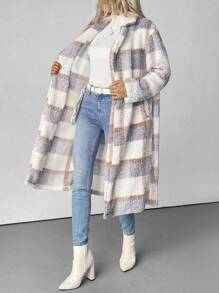 SHEIN Clasi Women Turndown Collar Single-Breasted Warm Plush Checkered Print Jacket