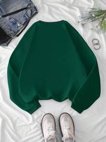 SHEIN EZwear Áo nỉ nữ cổ tròn in chữ, kiểu dáng thường ngày, thích hợp cho mùa thu. - Màu xanh lá cây đậm - Xem 2