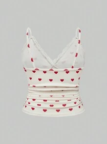 ROMWE Kawaii 大码女式撞色蕾丝蝴蝶结装饰荷叶边吊带背心，适合夏季 - 杏色 - 查看 3