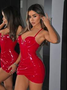 SHEIN ICON Women's Spaghetti Strap V-Neck Cupped Waist Gathering Slit Bodycon Dress - Red - View 5