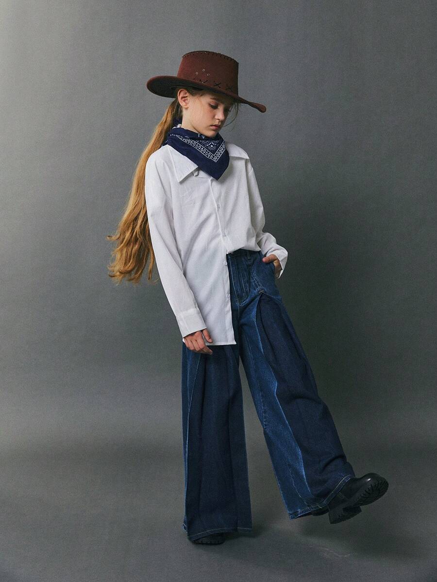 Jeans ampi con lavaggio scuro di per ragazze pre-adolescenti - Blu lavato scuro - Visualizzare 1