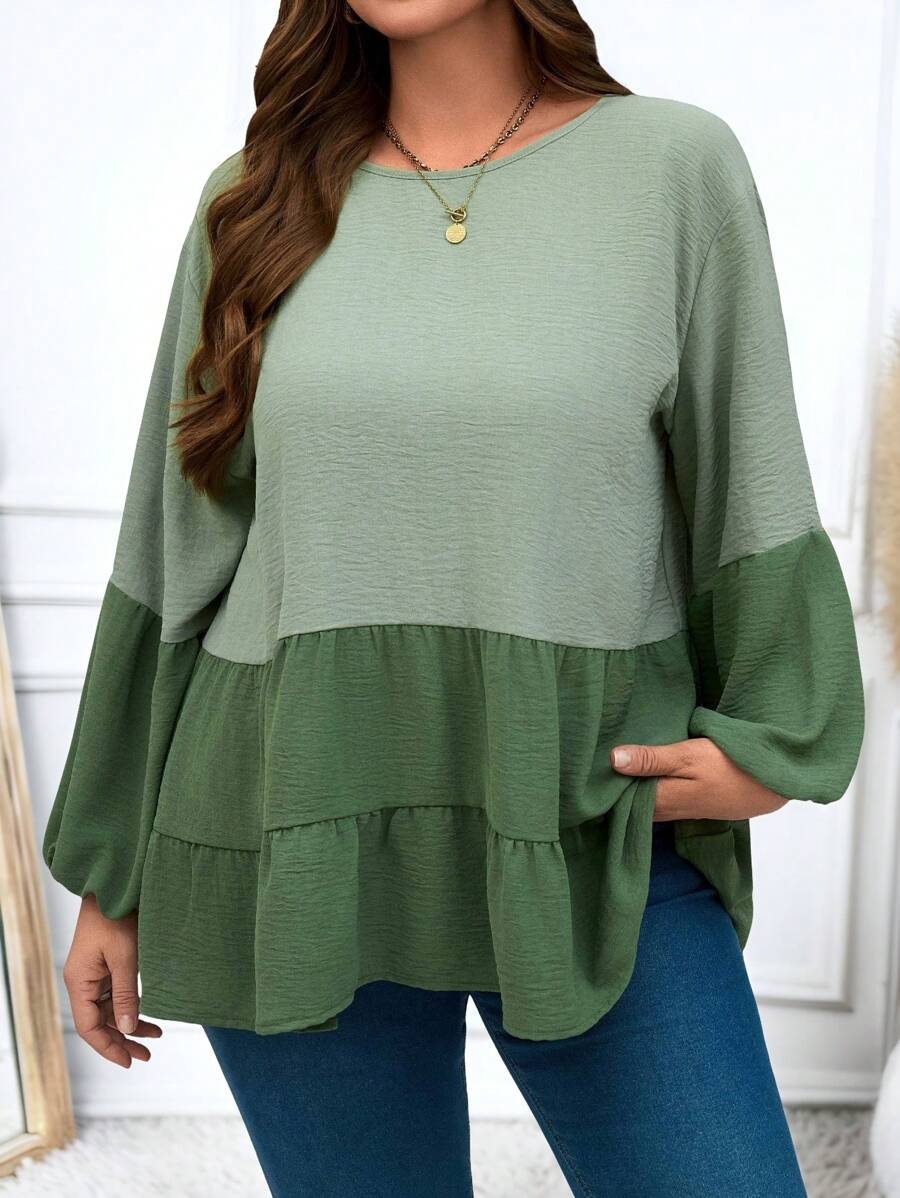 EMERY ROSE 大码休闲冬季女式拼色灯笼袖衬衫 - 綠色 - 查看 1