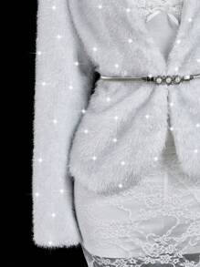 SHEIN ICON Cappotto di pelliccia bianco elegante da donna in stile Y2K per feste, Capodanno e uso casual, con decorazioni in perle finte, manica lunga