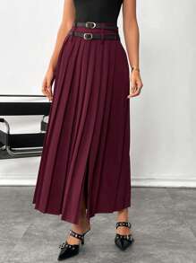 SHEIN Essnce 女士纯色褶皱侧开衩下摆休闲长裙 - 酒紅色 - 查看 9